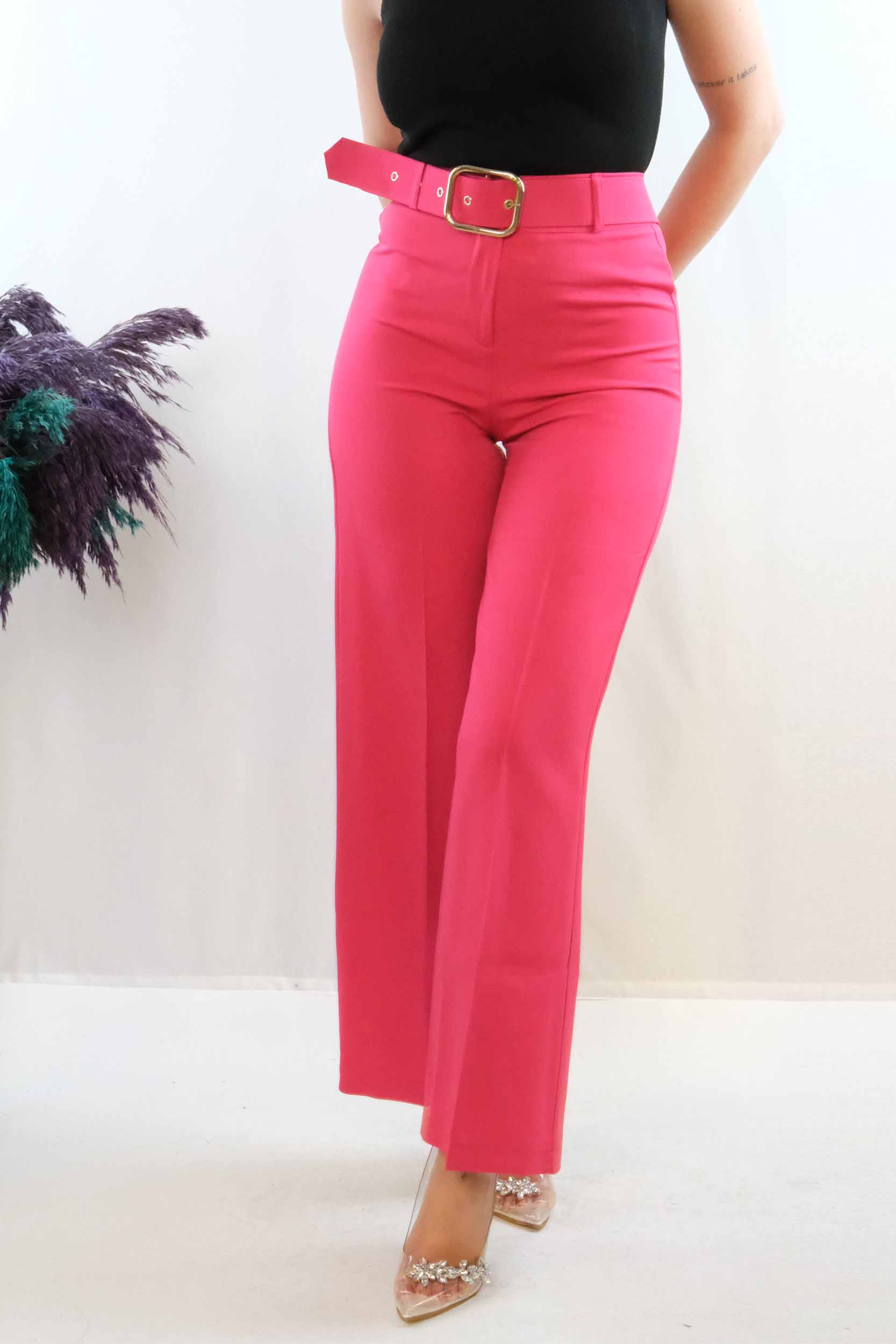 Moda Çizgi Kemerli Pantolon Pembe