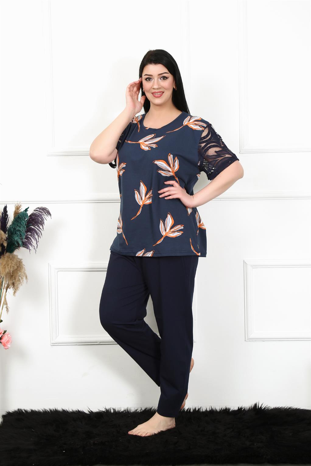 Moda Çizgi Kadın 5XL-6XL-7XL-8XL Büyük Beden Kısa Kol Pijama Takım 75005