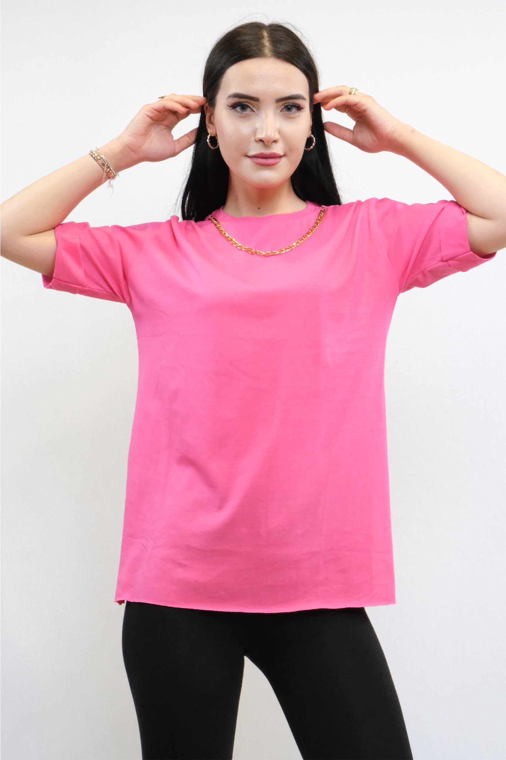 Moda Çizgi Zincir Aksesuarlı Tshirt Pembe