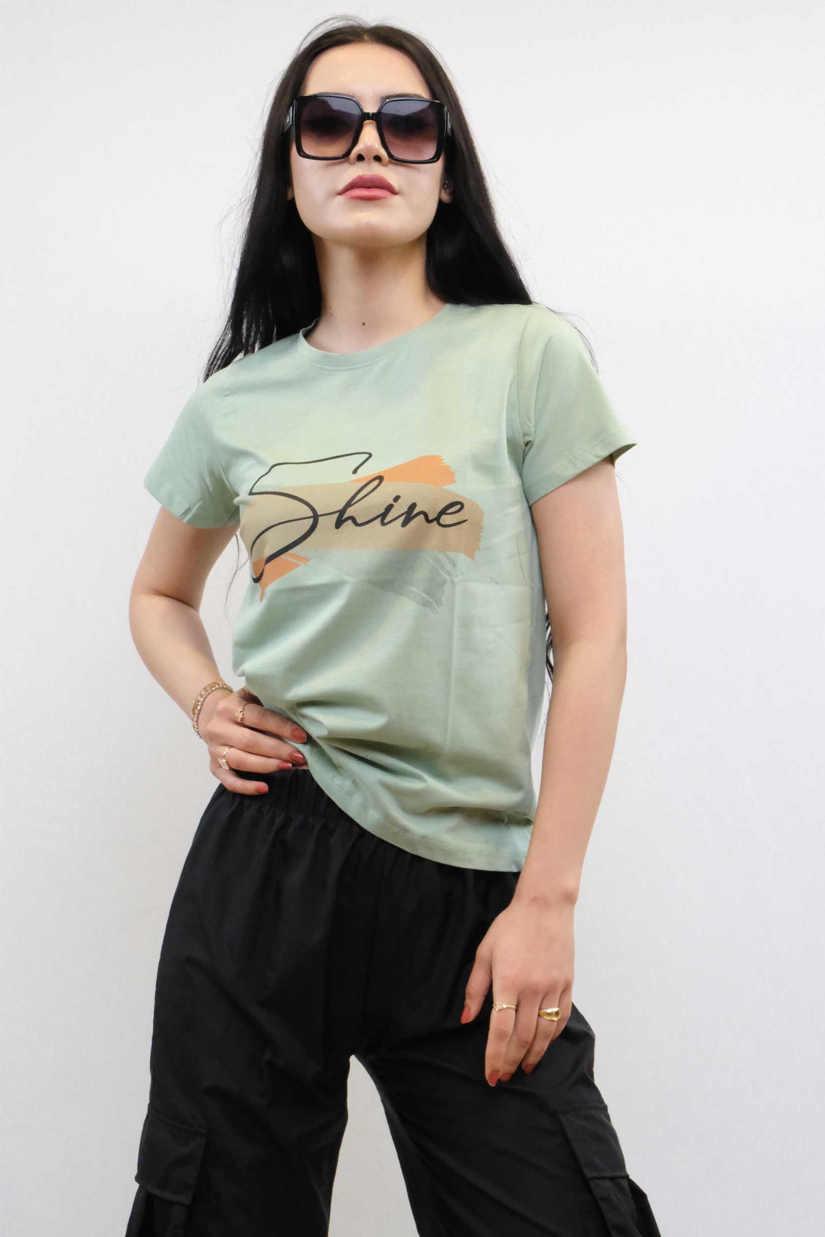 Moda Çizgi Shine Baskılı Tshirt Mint