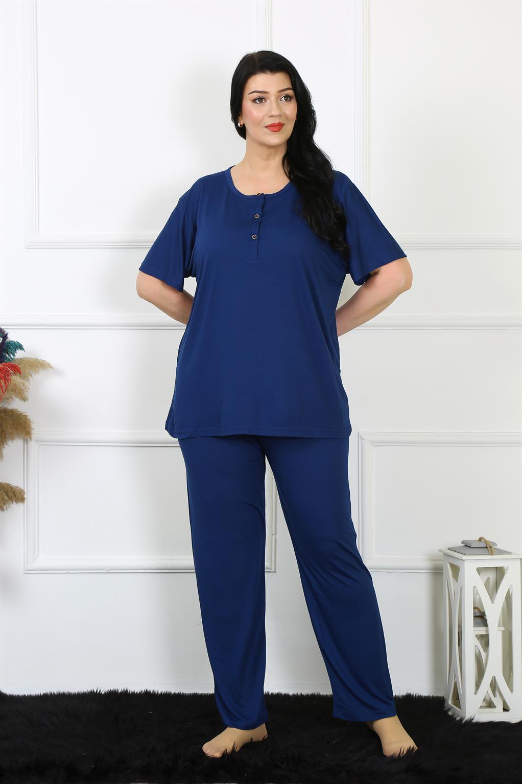 Moda Çizgi Kadın 5XL-6XL-7XL-8XL Büyük Beden Lacivert Kısa Kol Pijama Takım 75012