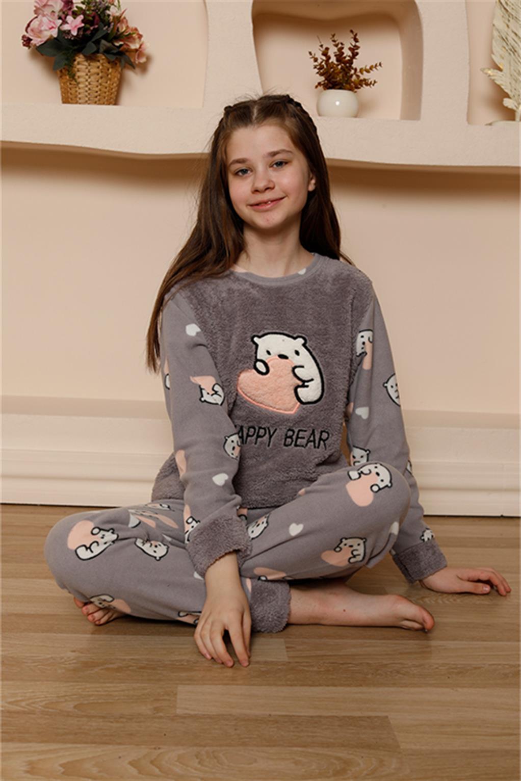 Moda Çizgi Kız Çocuk WelSoft Polar Gri Pijama Takımı 20523