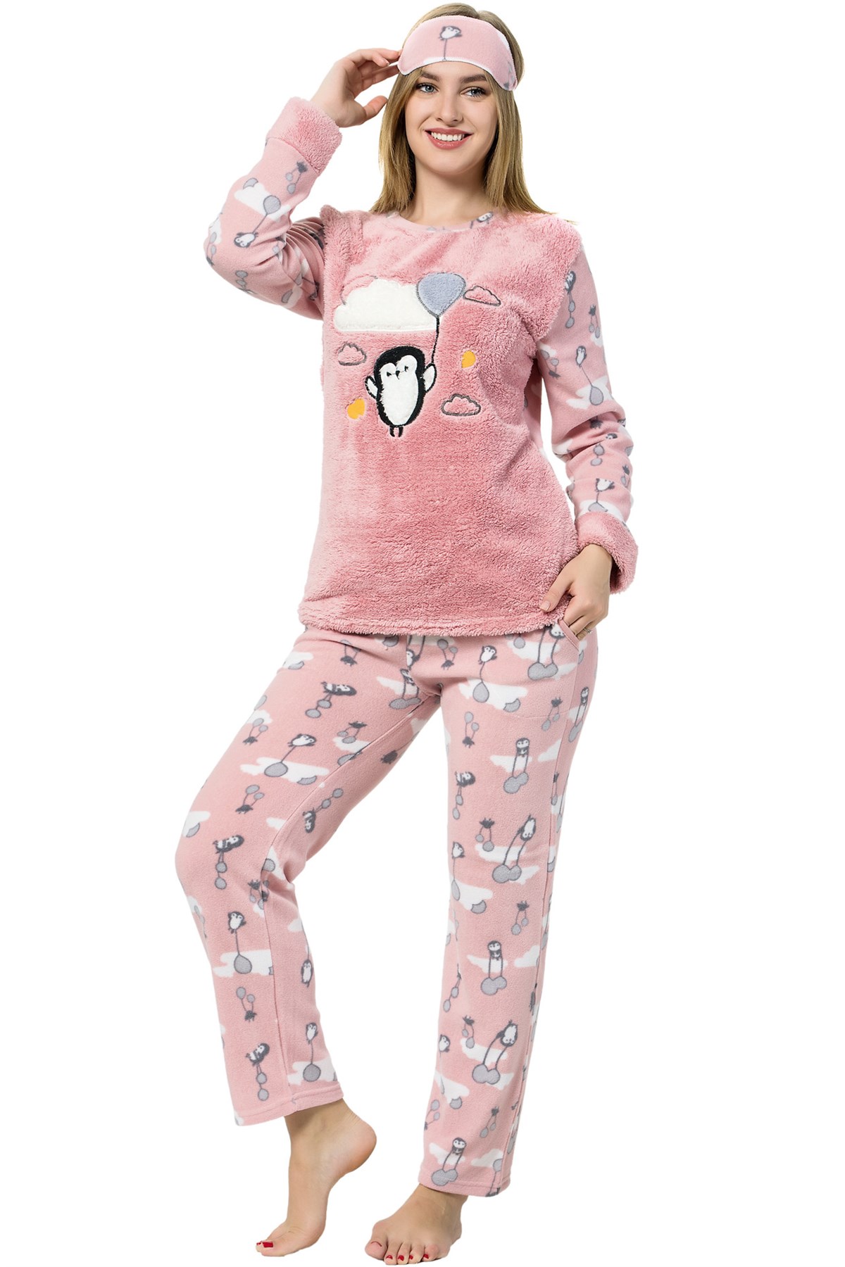 Moda Çizgi Kadın  Penguen Desenli Somon Vizon Polar Pijama Takımı 8053