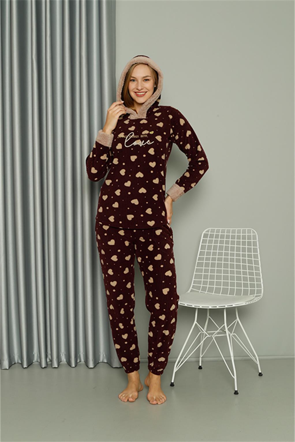 Moda Çizgi Welsoft Polar Kadın Kapşonlu Pijama Takımı 8513