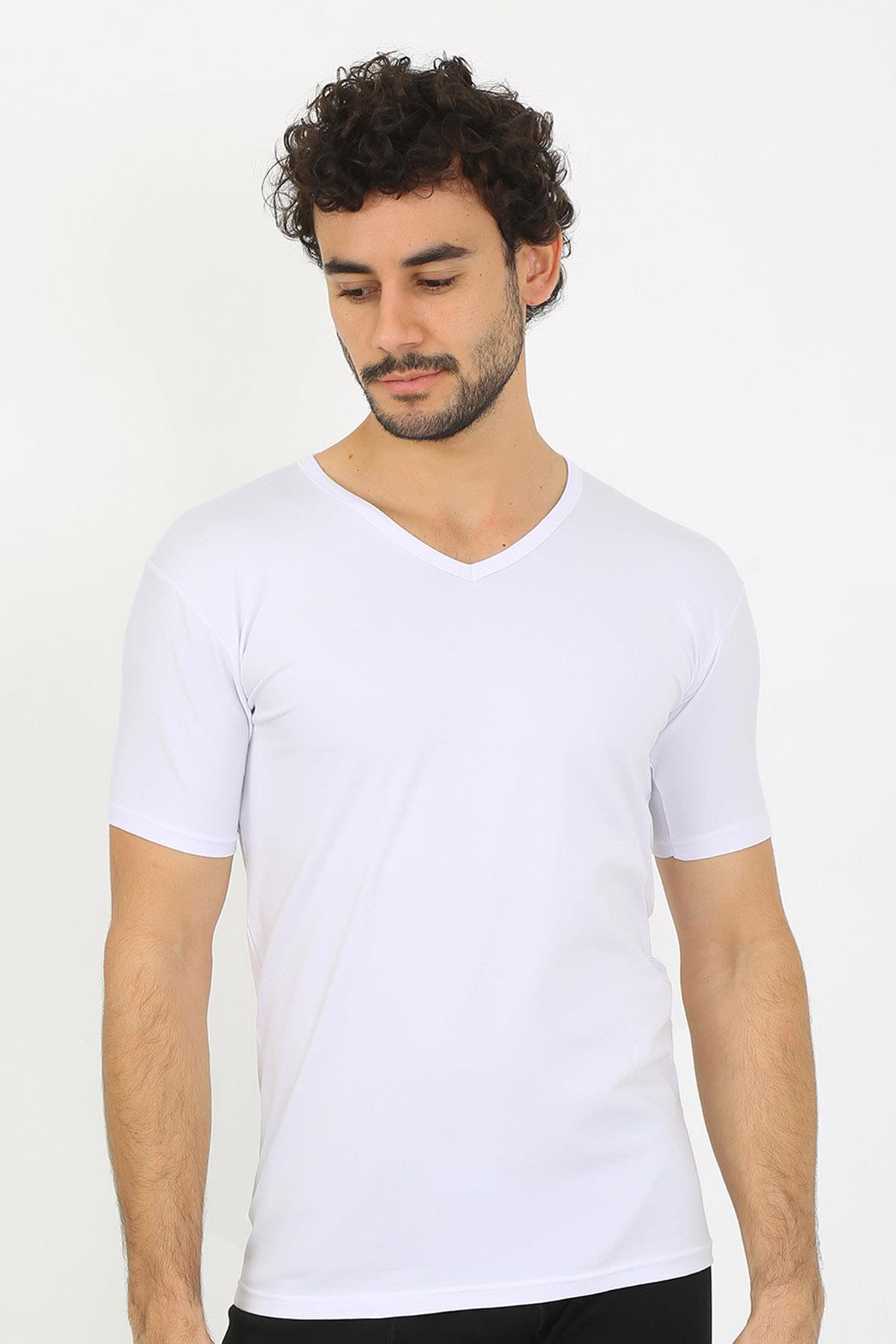 moda çizgi Erkek Likralı V Yaka Beyaz T-Shirt 65700