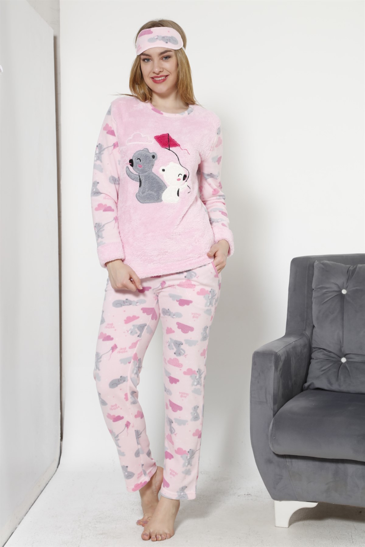 Moda Çizgi Kadın  Uçurtma Desenli Pembe Polar Pijama Takımı 8033