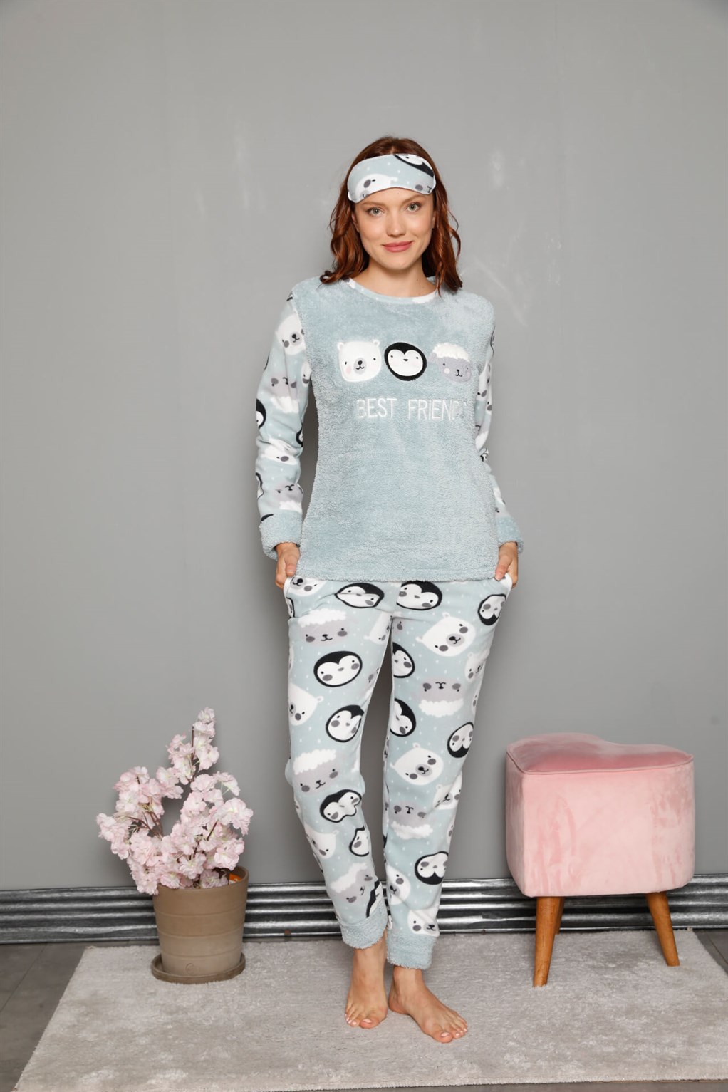 Moda Çizgi Welsoft Polar Kadın Manşetli Pijama Takımı 8448