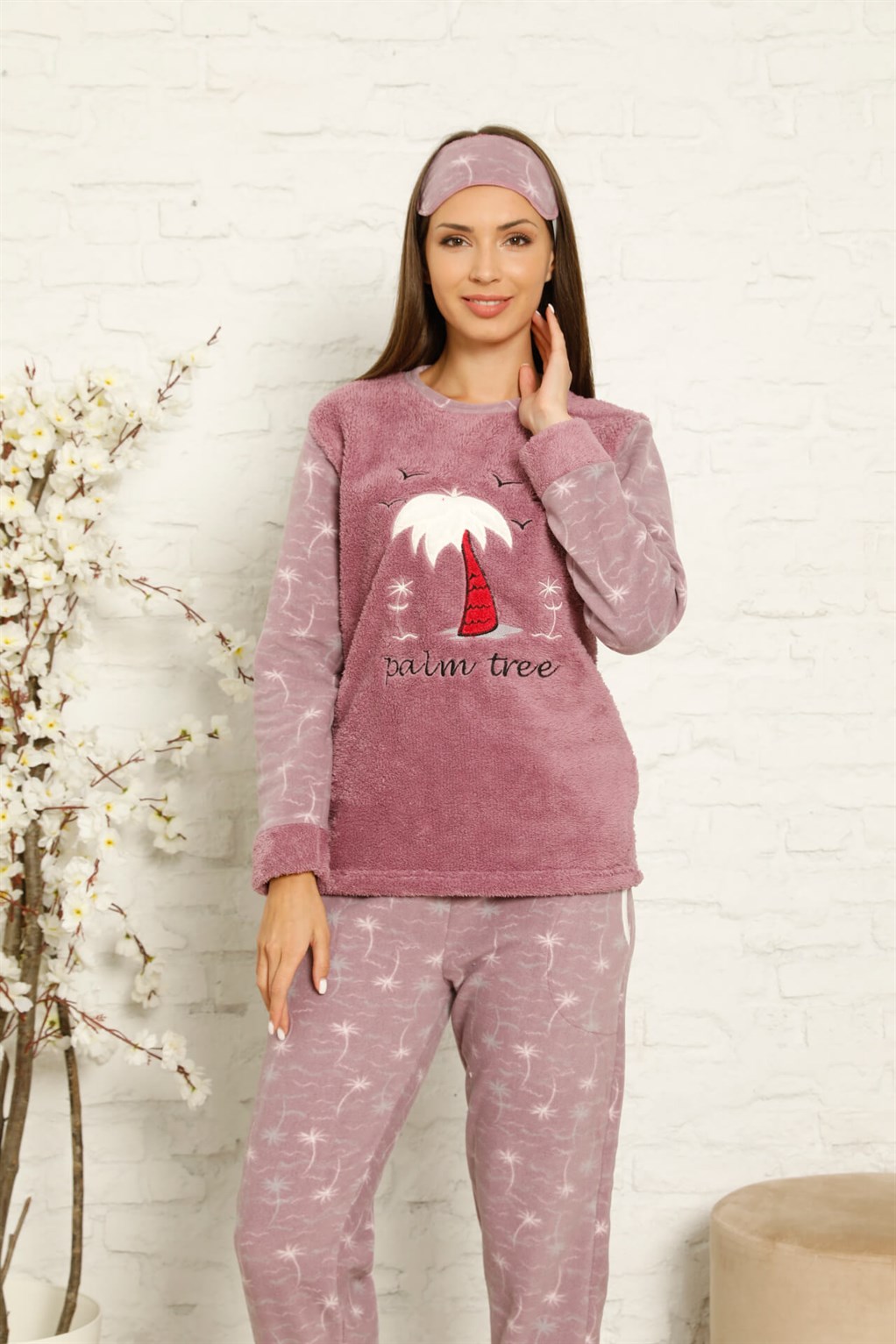 Moda Çizgi Welsoft Polar Kadın Manşetli Pijama Takımı 8442