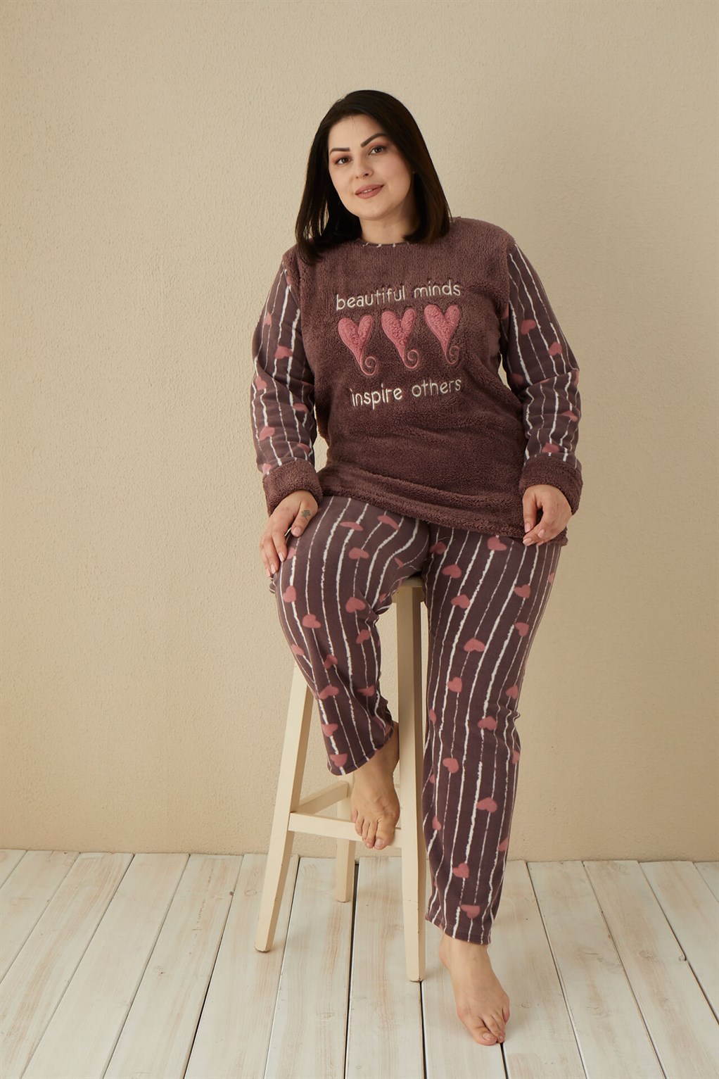 Moda Çizgi Welsoft Polar Kadın Büyük Beden Pijama Takımı 808037