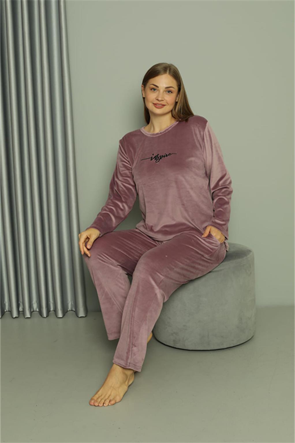 Moda Çizgi Büyük Beden Kadın Kadife Mor Pijama Takım 20628