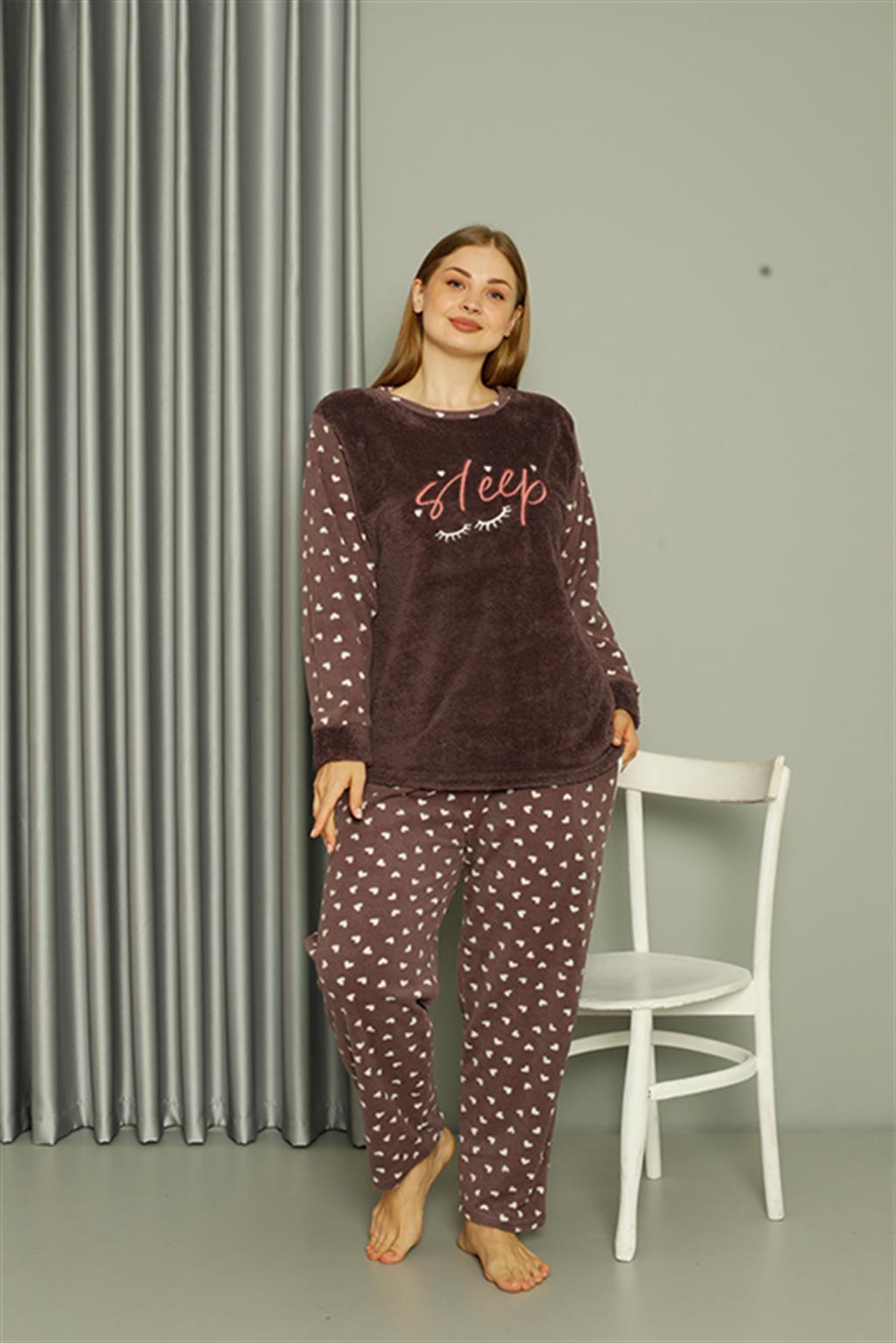 Moda Çizgi Welsoft Polar Kadın Büyük Beden Vizon Pijama Takımı 808046