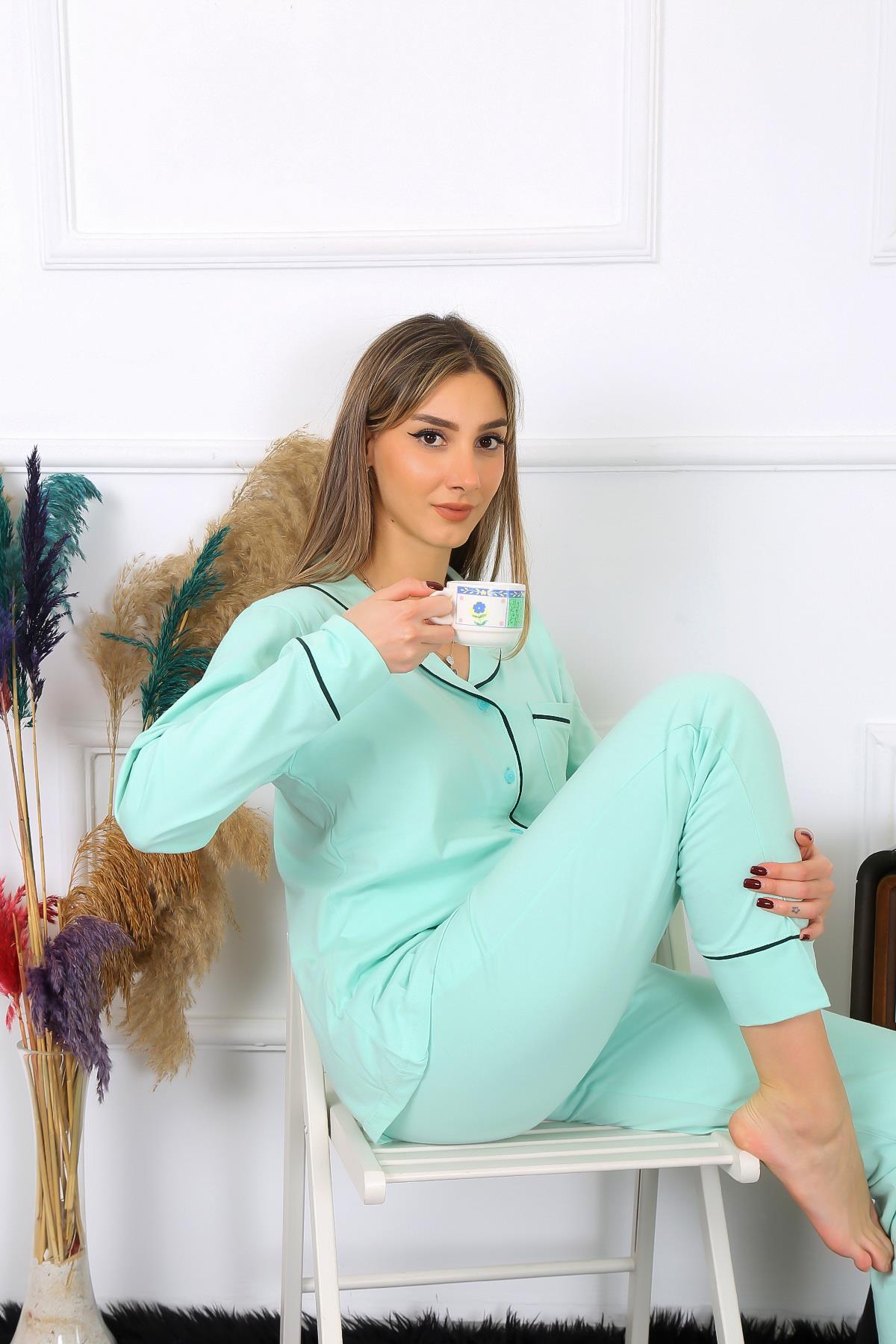 Moda Çizgi Kadın Pamuk Penye Önden Düğmeli Uzun Kol Su Yeşili Pijama Takım 2782