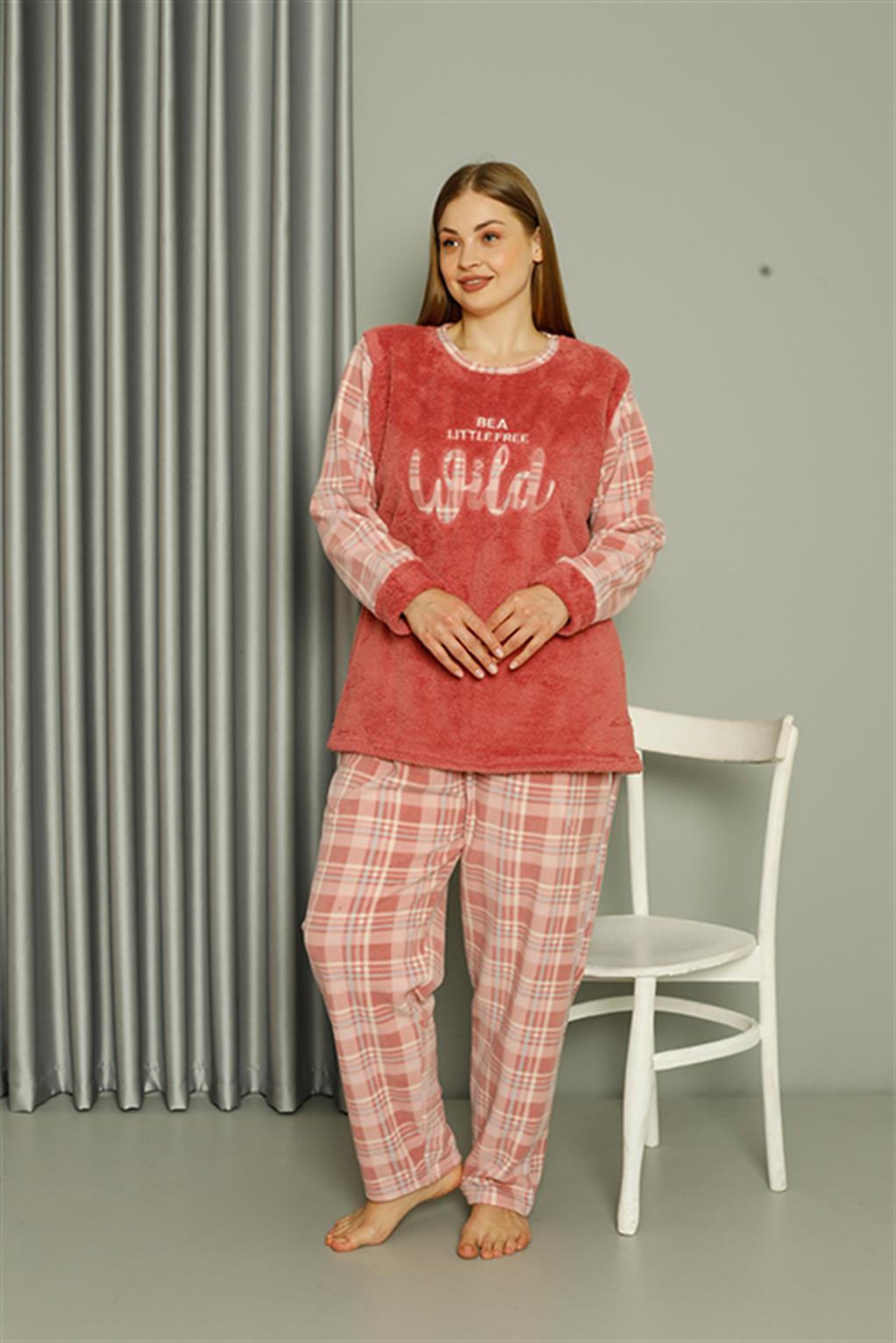 Moda Çizgi Welsoft Polar Kadın Büyük Beden Pudra Pijama Takımı 808040