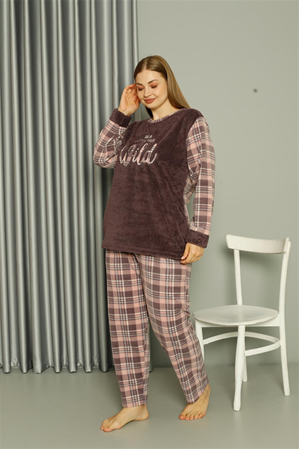 Moda Çizgi Welsoft Polar Kadın Büyük Beden Vizon Pijama Takımı 808040