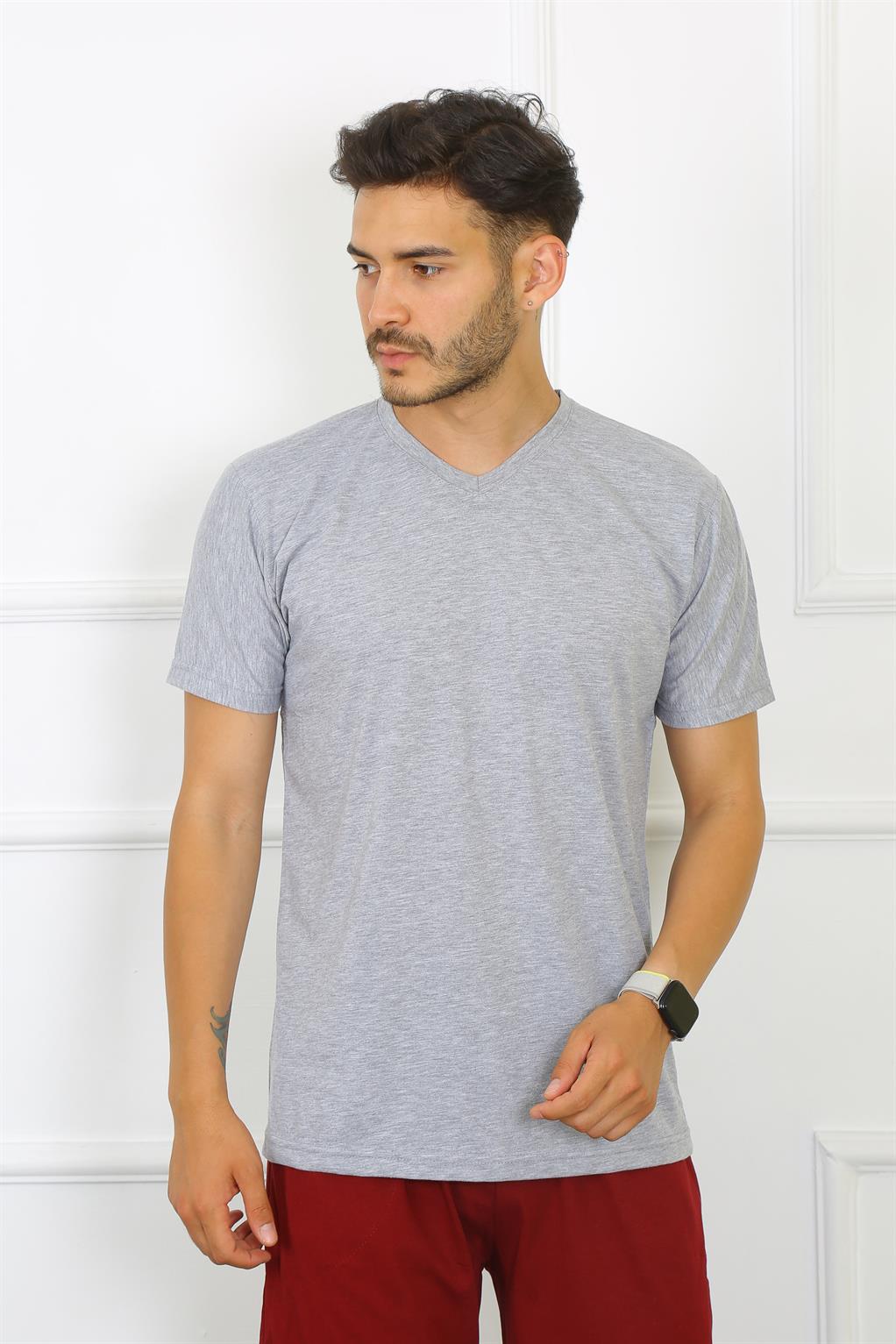 Moda Çizgi Erkek Gri %100 Pamuklu T-Shirt 27486