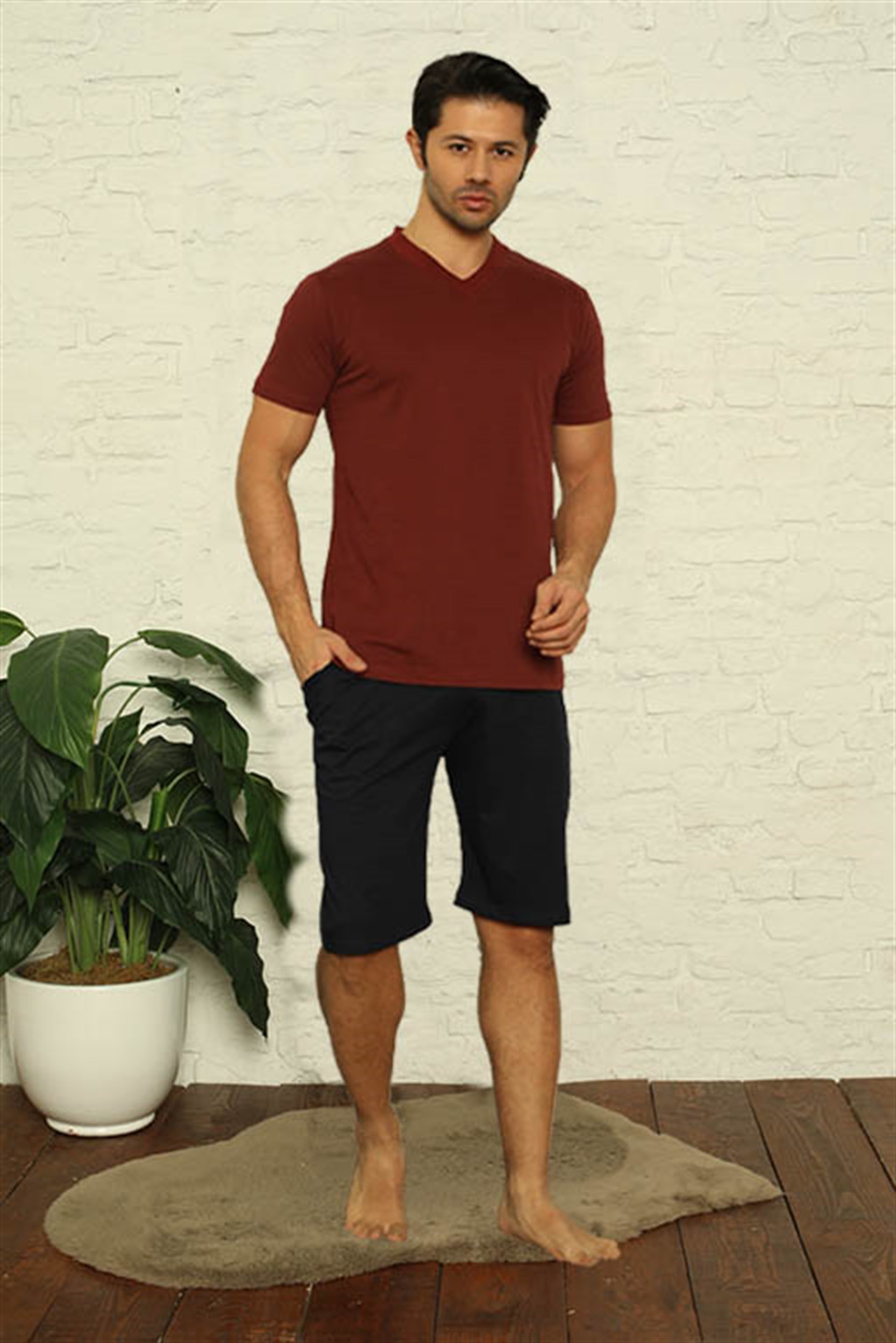 Moda Çizgi Erkek Bordo V Yaka 3'lü Pijama Takım 6822