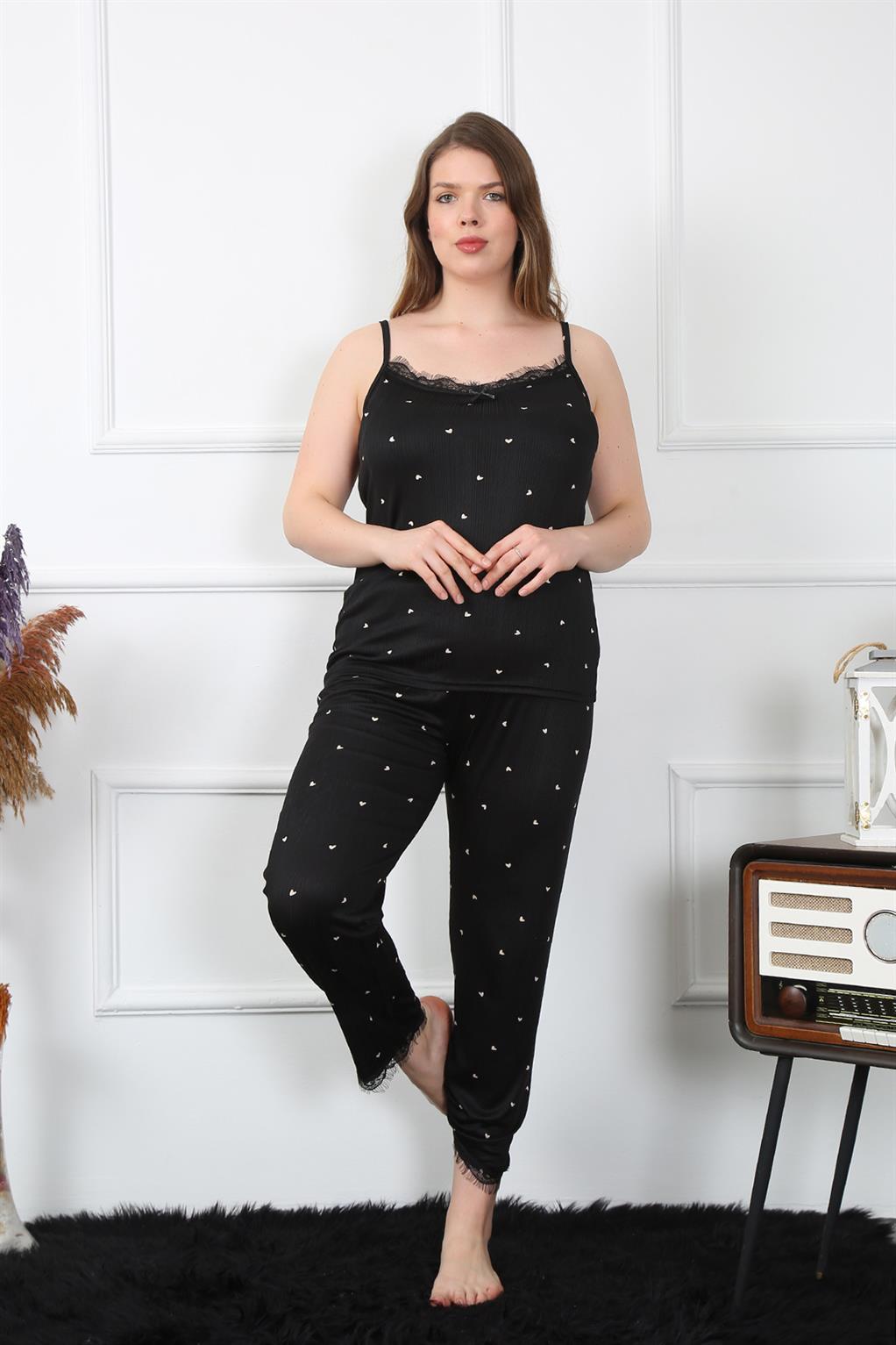Moda Çizgi Kadın Büyük Beden Siyah İp Askılı Pijama Takım 202196