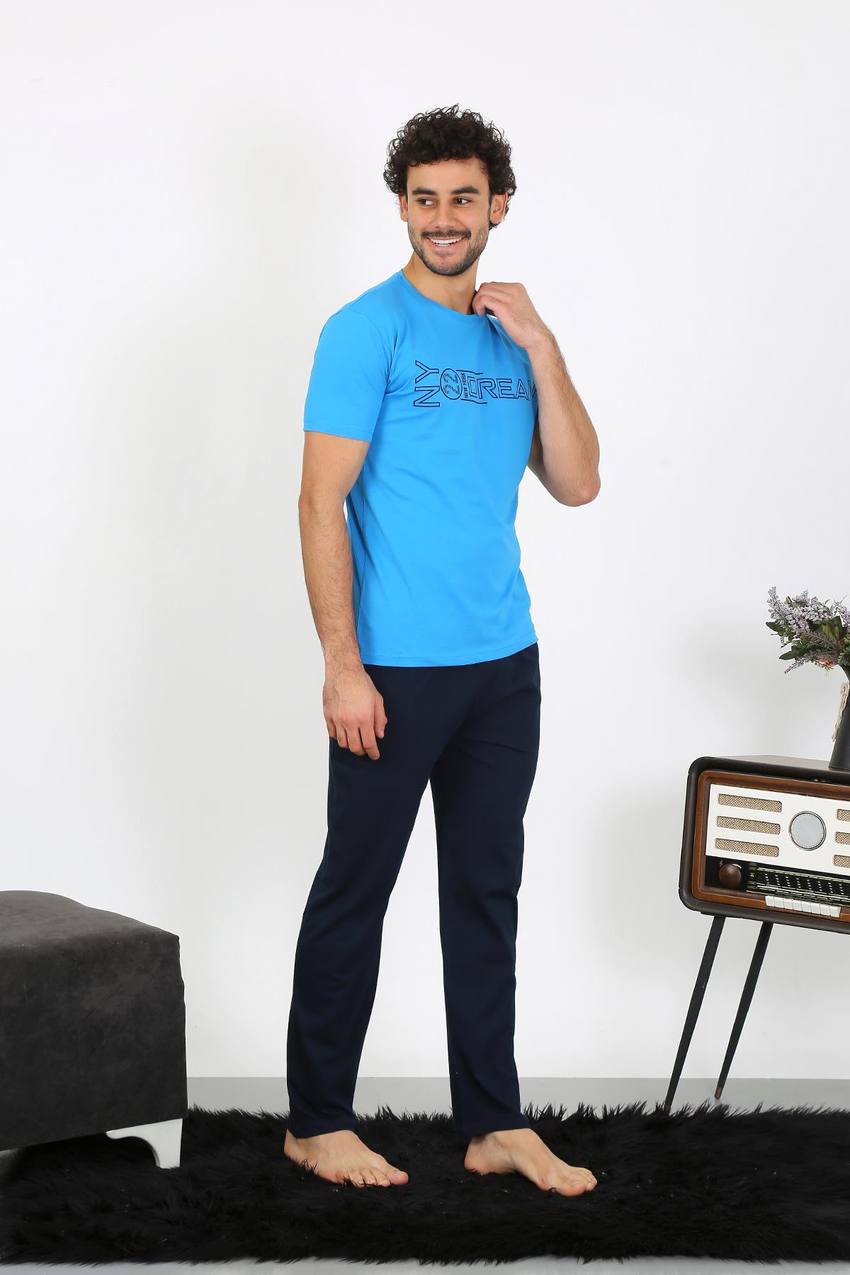 moda çizgi Erkek Kısa Kol Penye Saks Pijama Takımı 6846