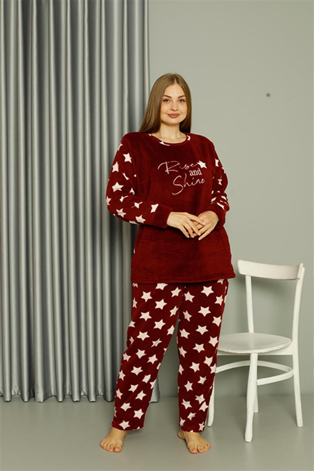 Moda Çizgi Welsoft Polar Kadın Büyük Beden Bordo Pijama Takımı 808042