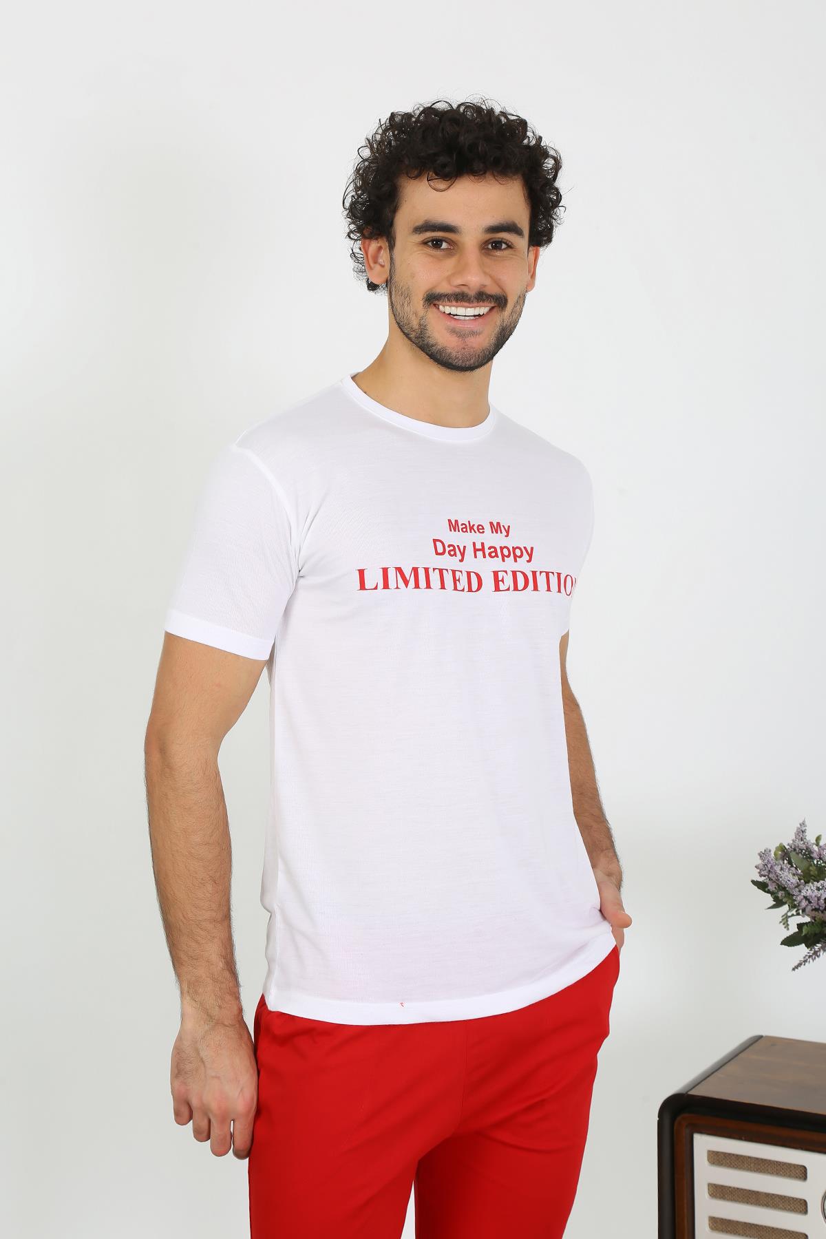 moda çizgi Erkek Kısa Kol Penye Beyaz Pijama Takımı 6846