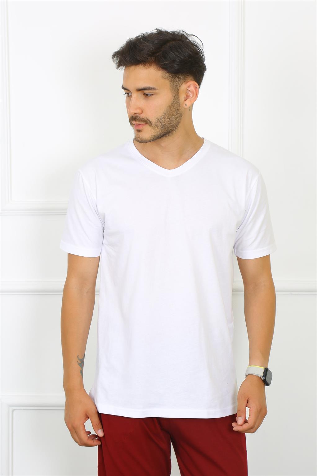 Moda Çizgi Erkek Beyaz %100 Pamuklu T-Shirt 27486
