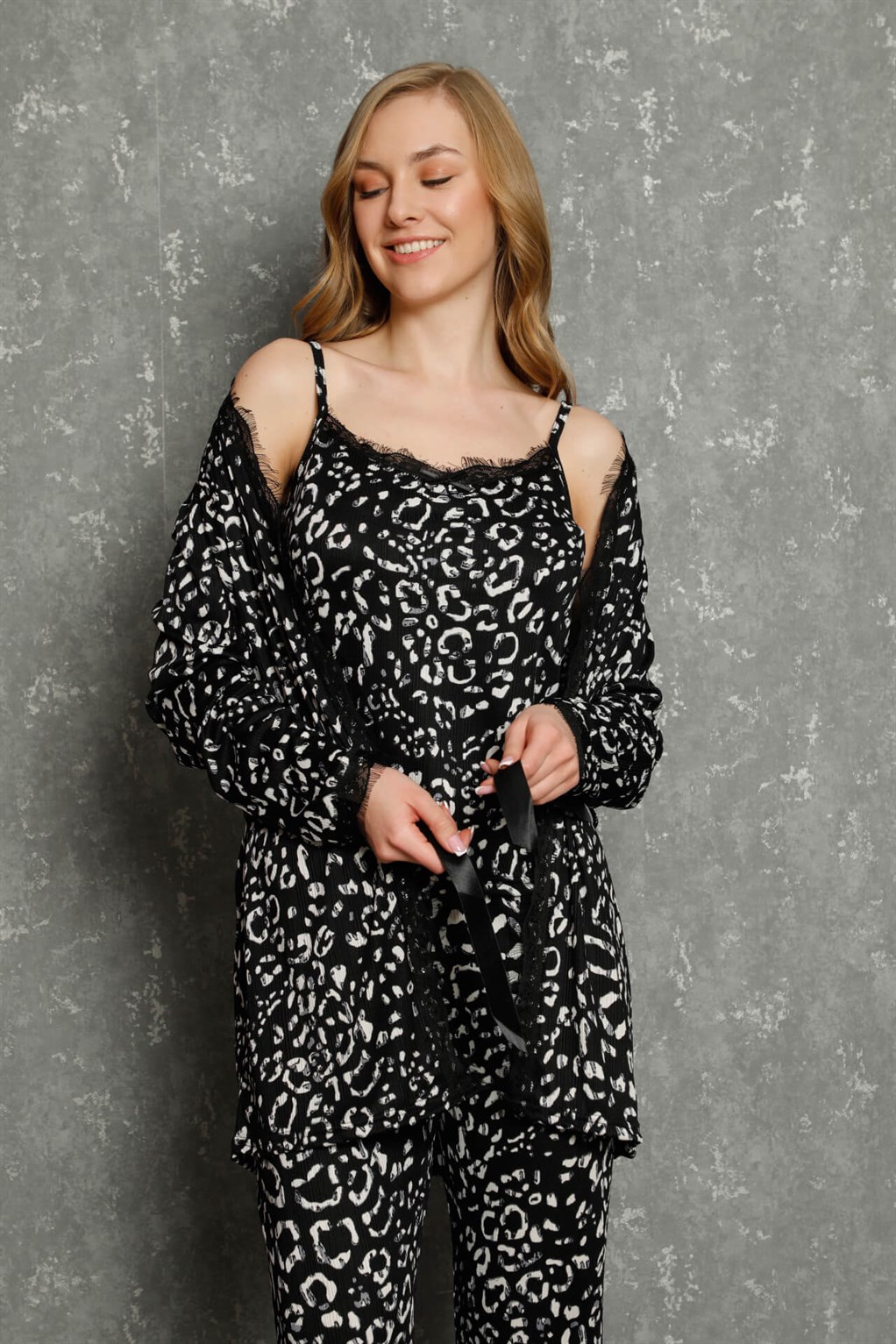 Moda Çizgi Kadın %100 Pamuk 3'lü Sabahlık Pijama Takım 16101