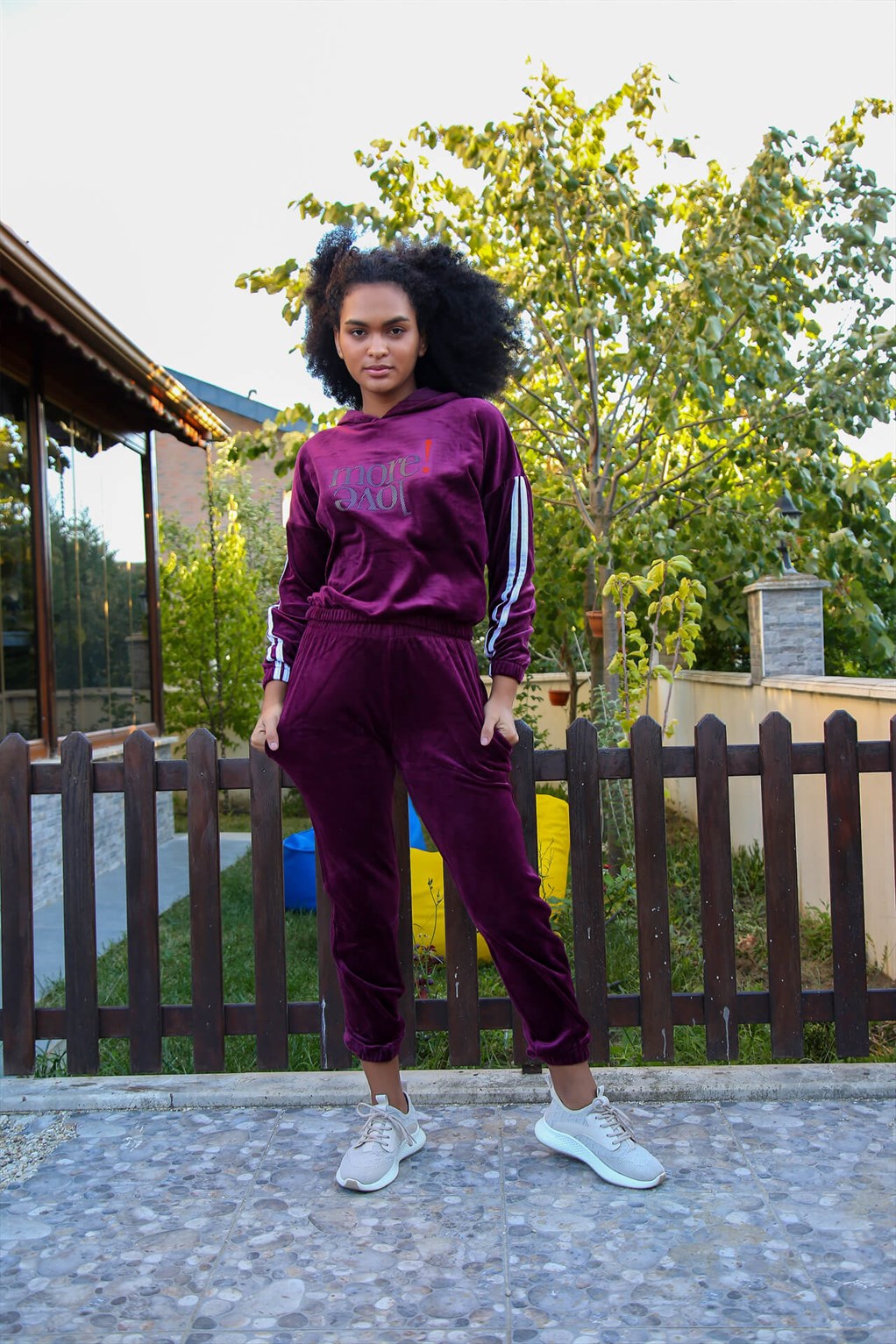Moda Çizgi Kadın Kadife Eşofman Takım 9078