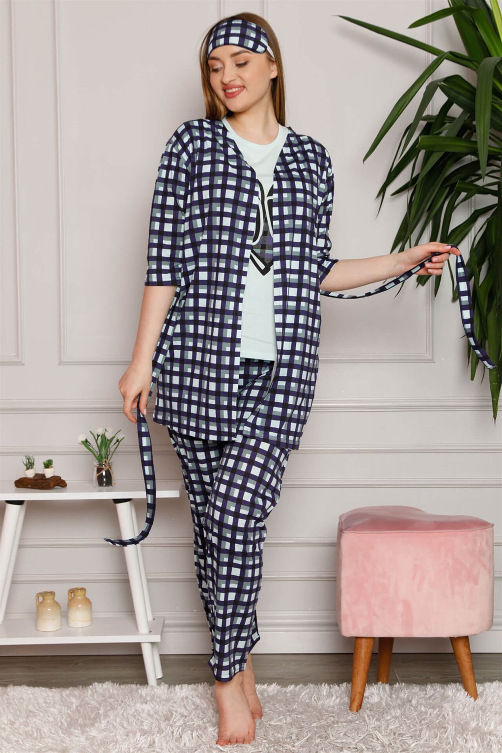 Moda Çizgi Kadın %100 Pamuk 3'lü Sabahlık Pijama Takım 1118