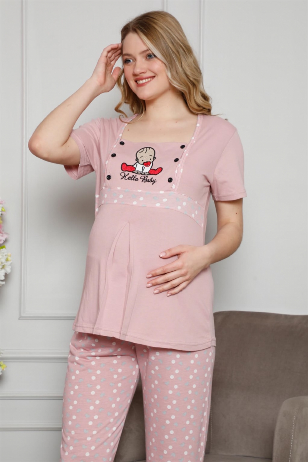 Moda Çizgi Kadın %100 Pamuklu Hamile Pijama Takımı 4508