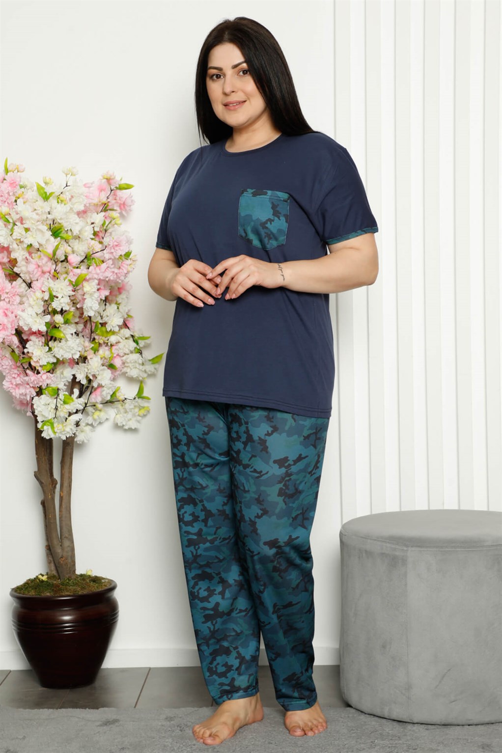 Moda Çizgi Kadın %100 Pamuk Cepli Kısa Kol Büyük Beden Pijama Takım 202106