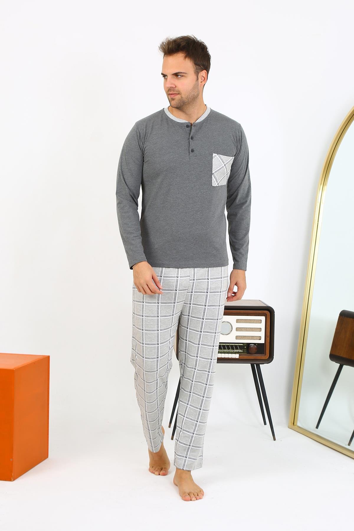 Moda Çizgi Erkek Uzun Kol Penye Antrasit Pijama Takımı 6861