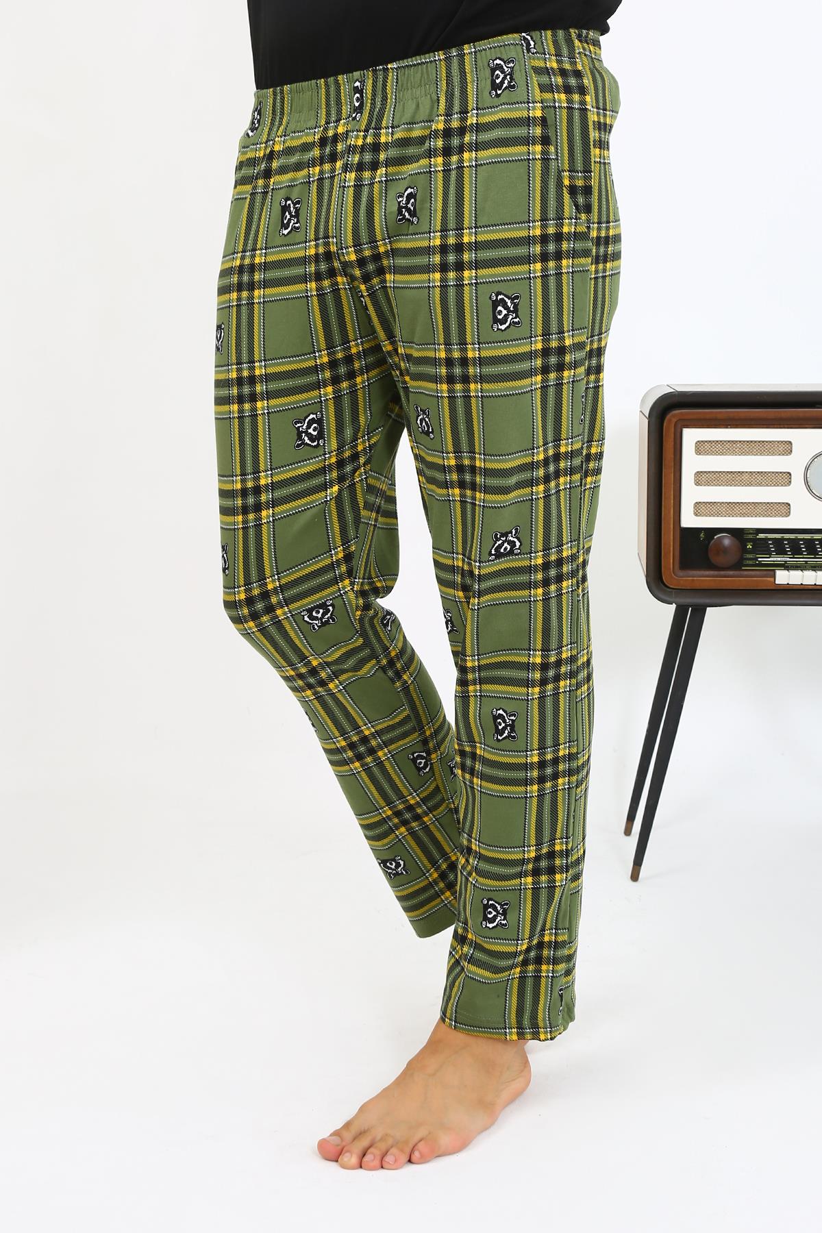 Moda Çizgi Erkek Ekoseli Desen Penye Tek Alt Pijama 27540 Haki