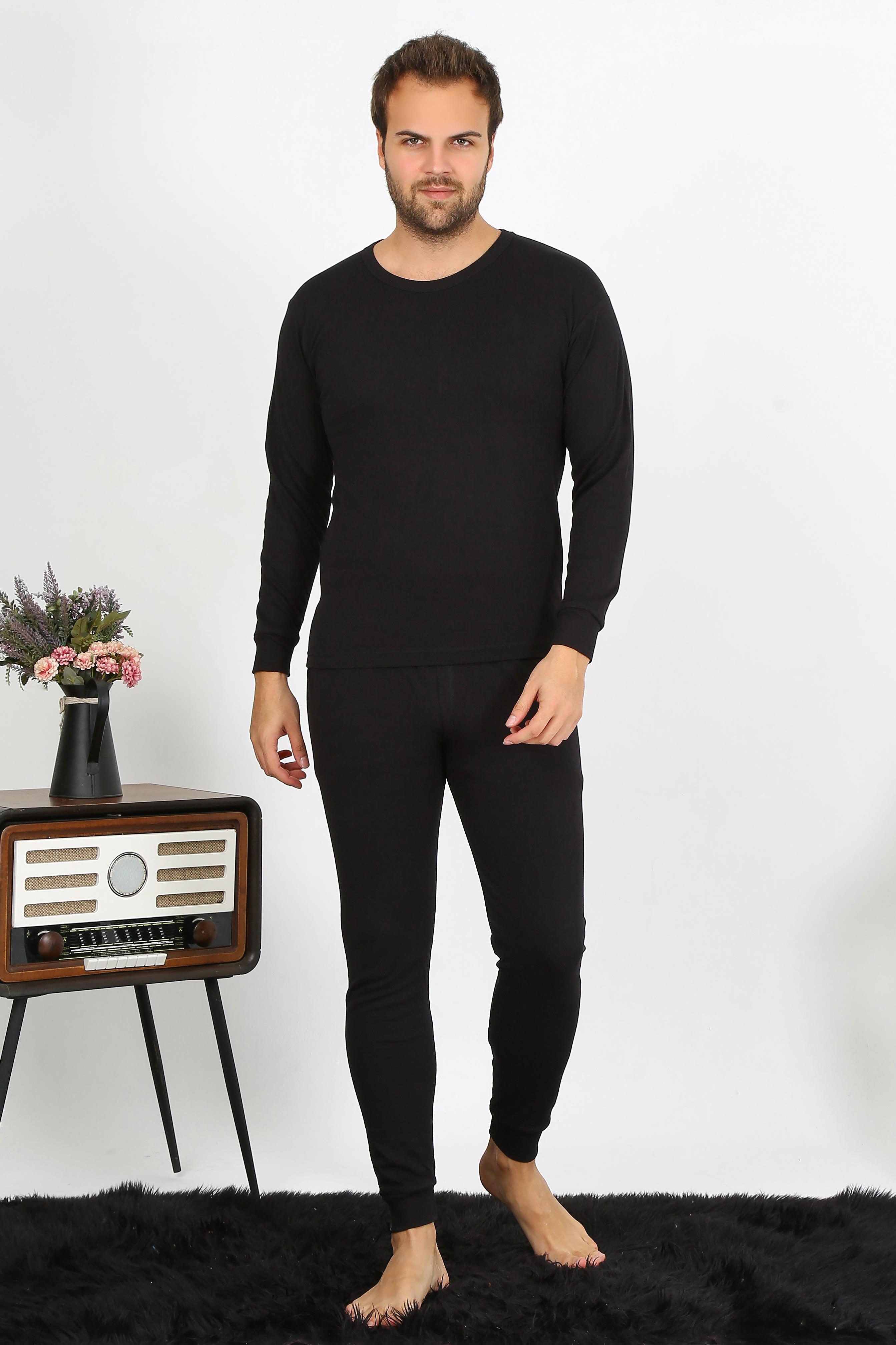 Moda Çizgi Erkek Termal Kışlık Alt Üst İçlik Takım Siyah 6868