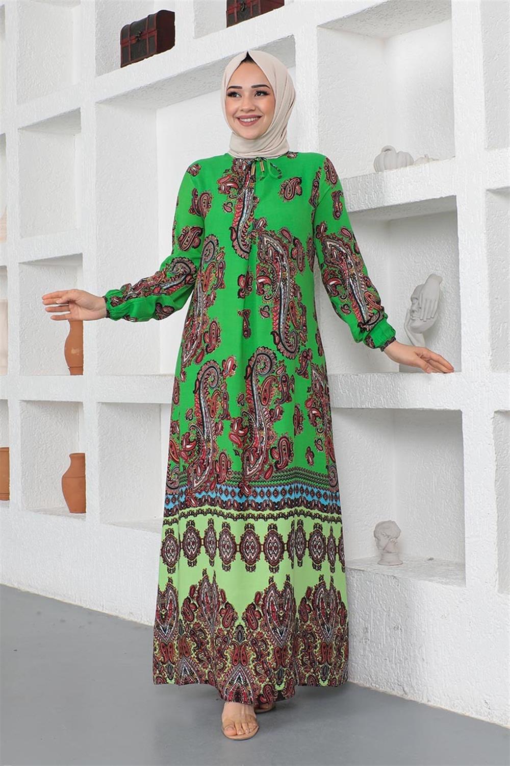 Etnik Desenli Model Tesettür Elbise YEŞİL