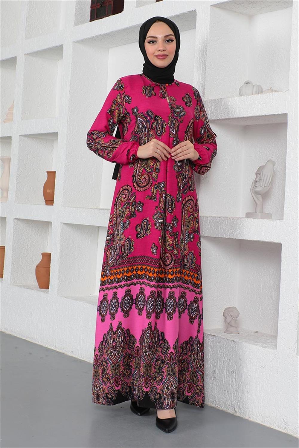 Etnik Desenli Model Tesettür Elbise PEMBE