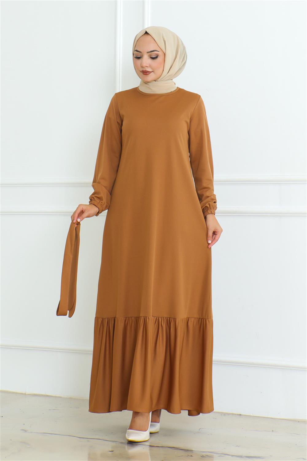 Eteği Fırfırlı Tesettür Elbise CAMEL