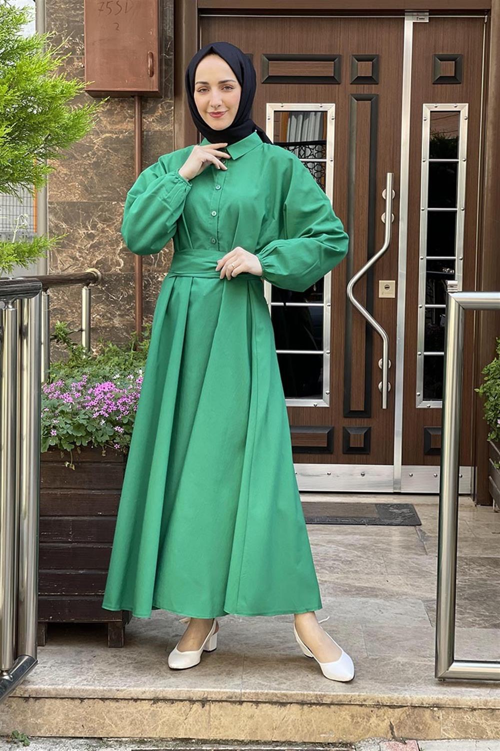 Kemerli Poplin Elbise YEŞİL