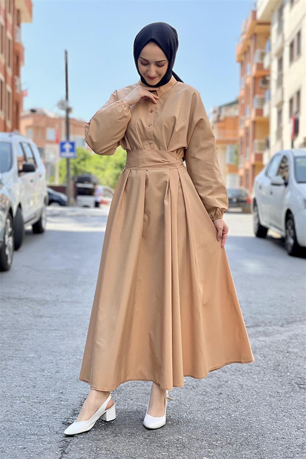 Kemerli Poplin Elbise VİZON