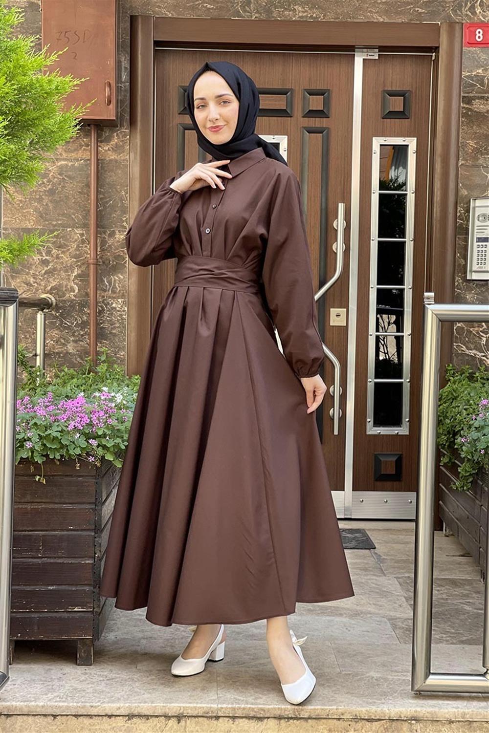 Kemerli Poplin Elbise KAHVERENGİ