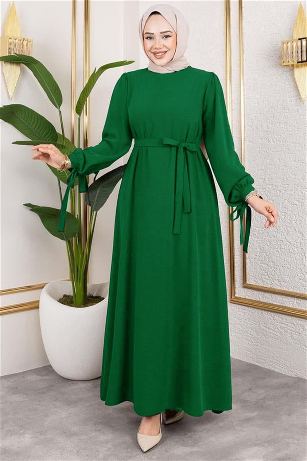 Kolları Bağlamalı Tesettür Elbise YEŞİL