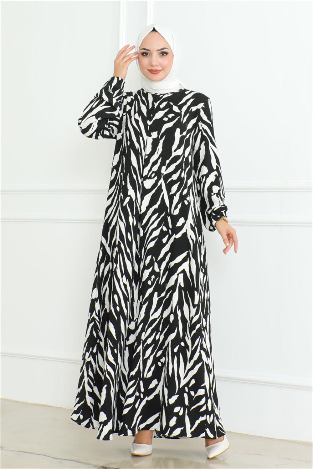 Zebra Desen Tesettür Elbise SİYAH