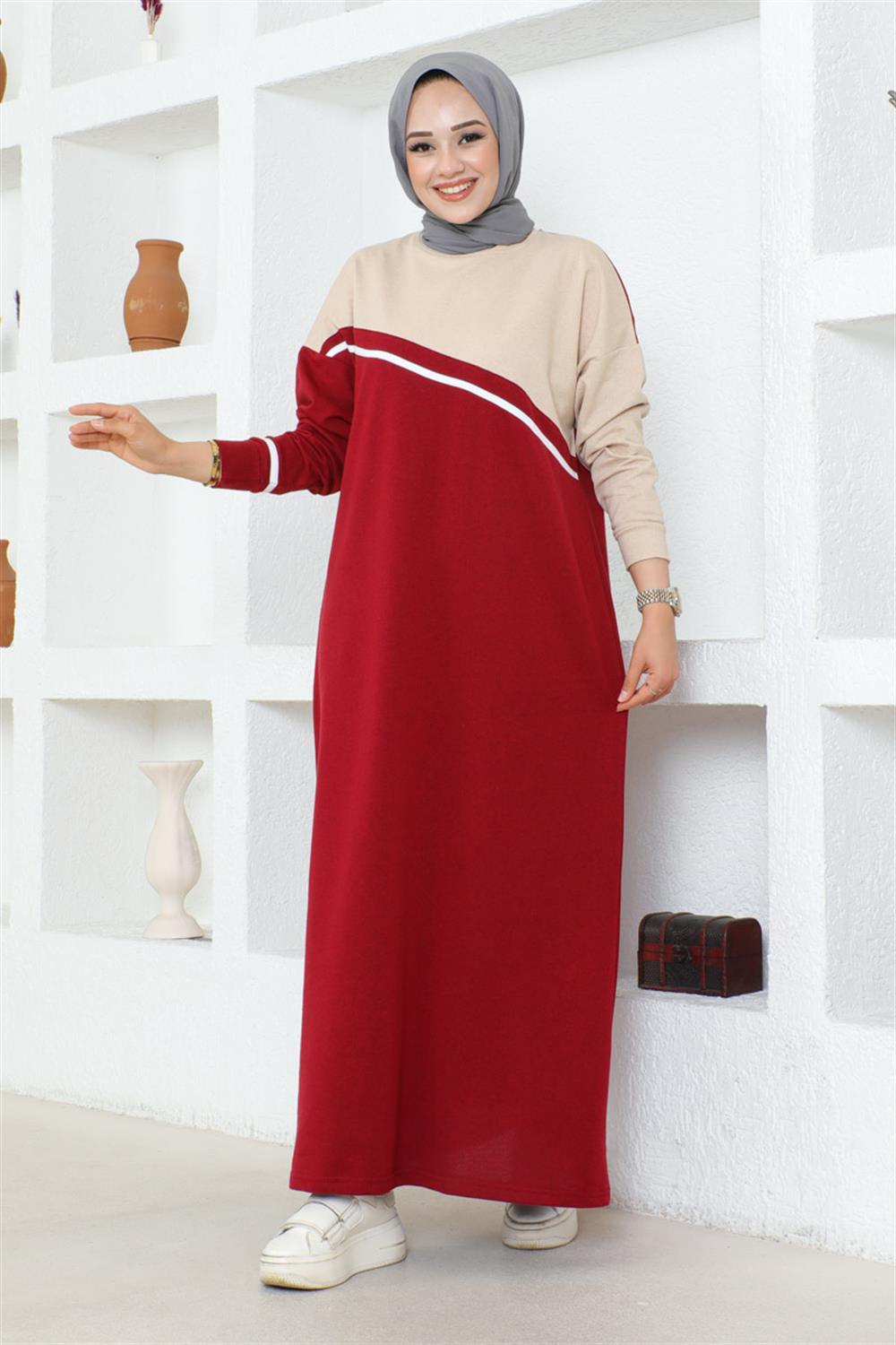 Şerit Detaylı Spor Elbise  BORDO