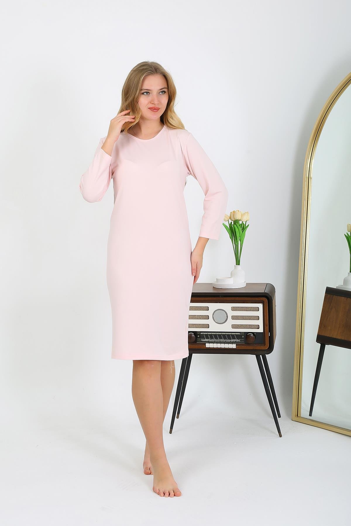 Moda Çizgi Pamuk Ev Elbisesi Tunik Gecelik Somon 13132
