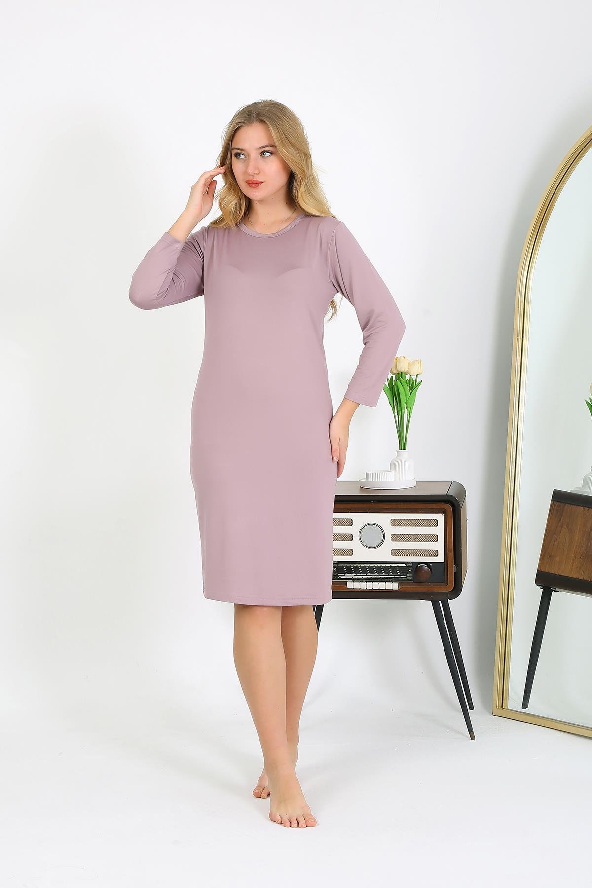 Moda Çizgi Pamuk Ev Elbisesi Tunik Gecelik Pudra 13132