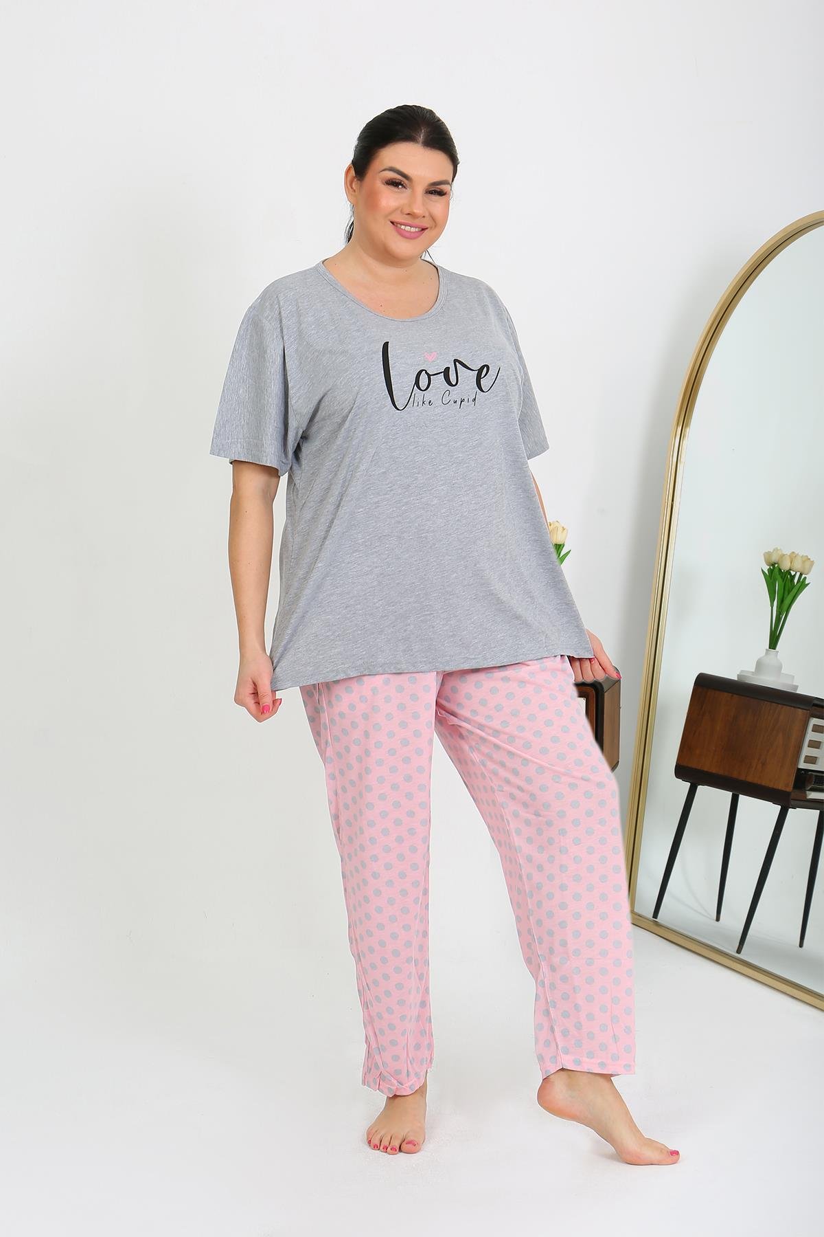 Moda Çizgi Kadın Büyük Beden Kısa Kol Penye Pijama Takımı Gri 202408
