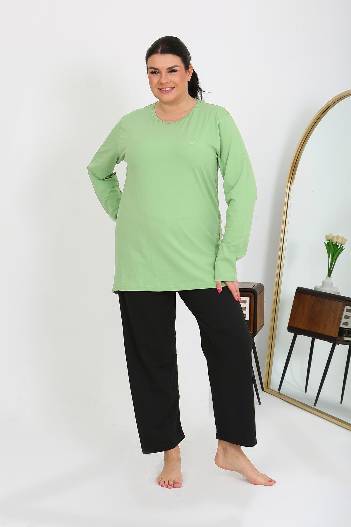 Moda Çizgi Kadın Büyük Beden Uzun Kol Penye Pijama Takımı Fıstık Yeşili 202408