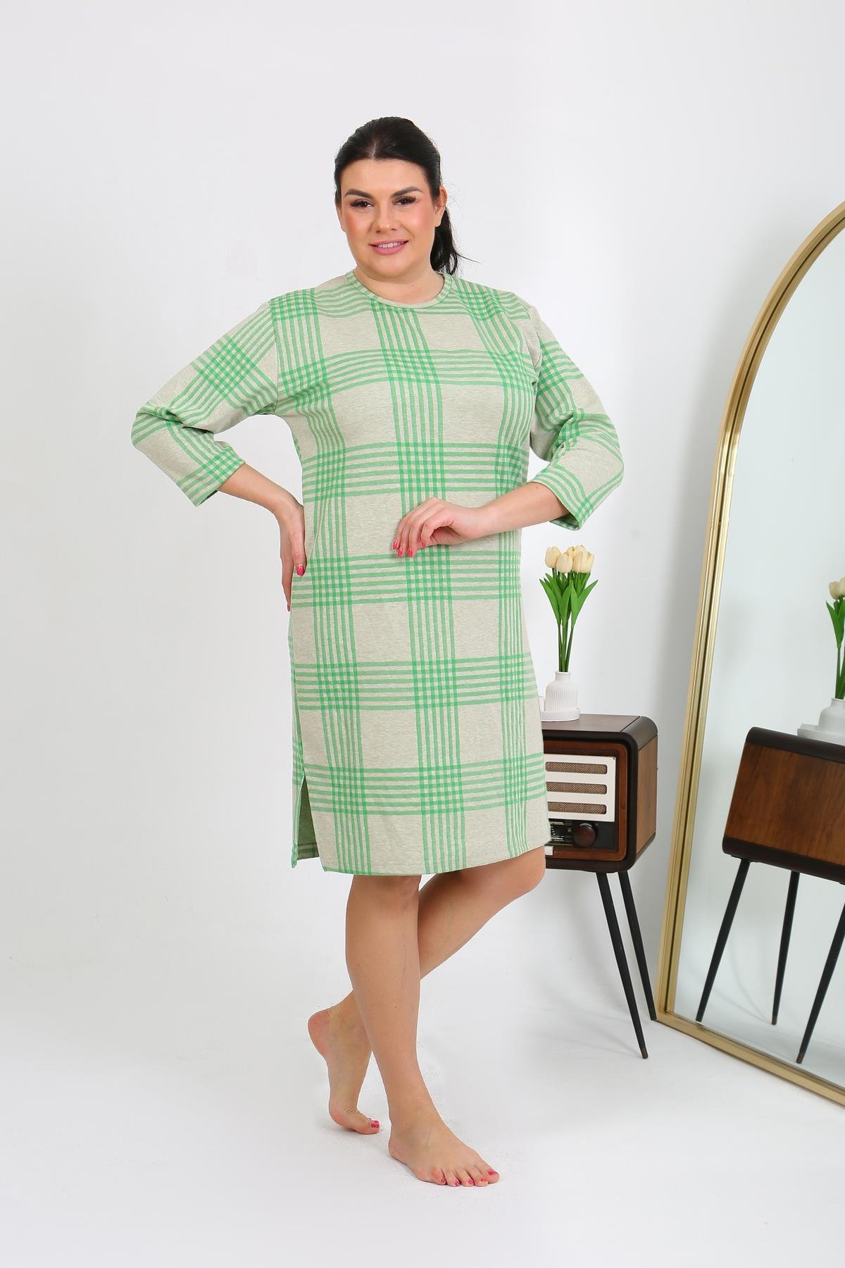 Moda Çizgi Kadın Büyük Beden Penye Gecelik Ev Elbisesi Yeşil 12508