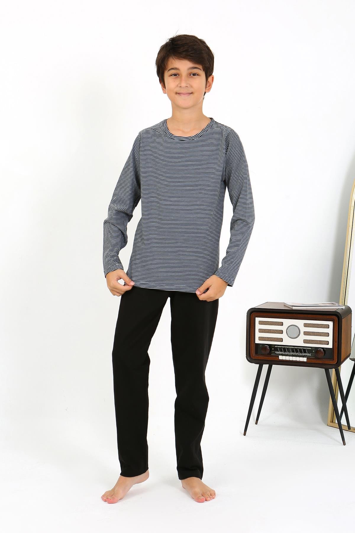 Moda Çizgi Erkek Çocuk Uzun Kol Penye Pijama Takım 20438 Gri