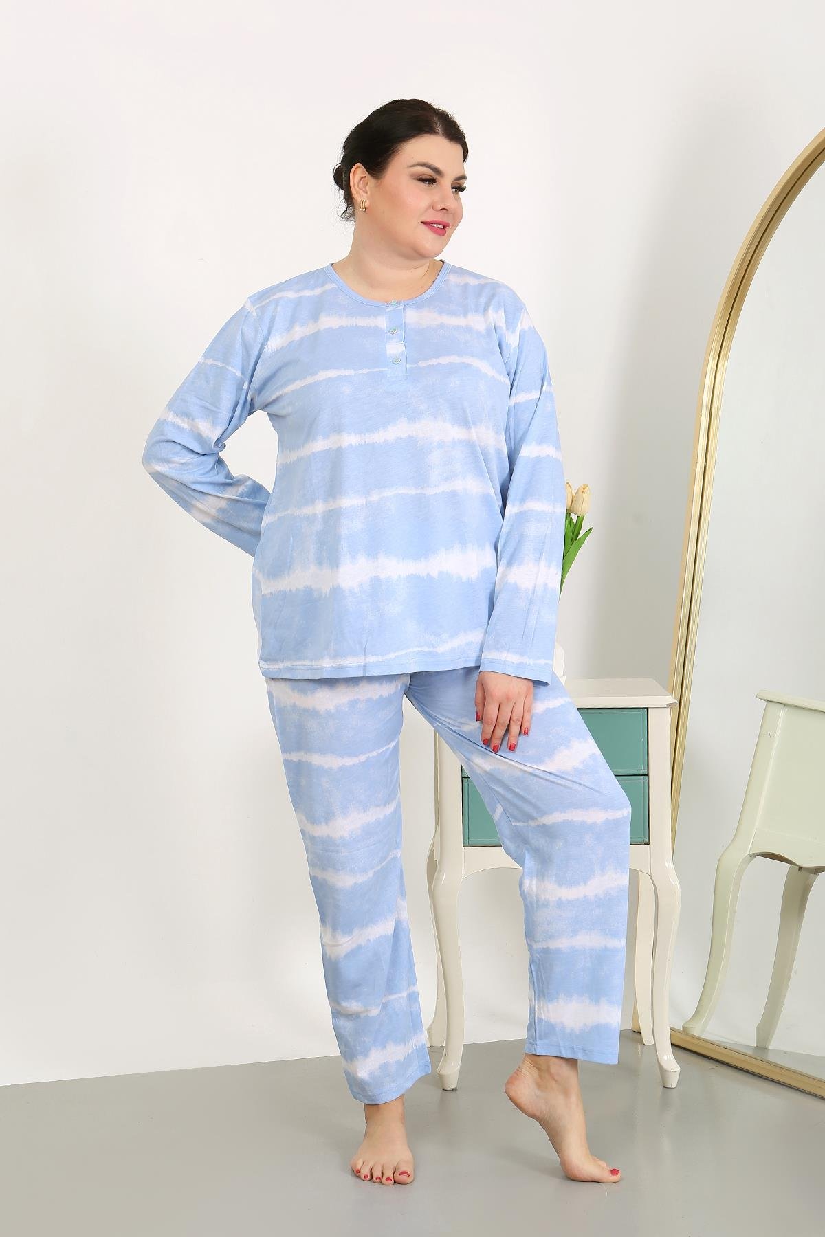 Moda Çizgi Kadın Büyük Beden Uzun Kol Penye Pijama Takımı Mavi 202502