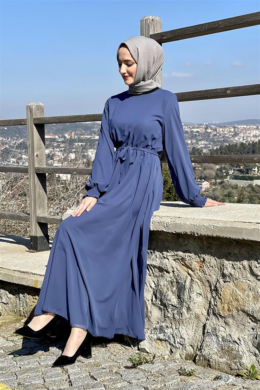 Kemerli Şifon Elbise İNDİGO
